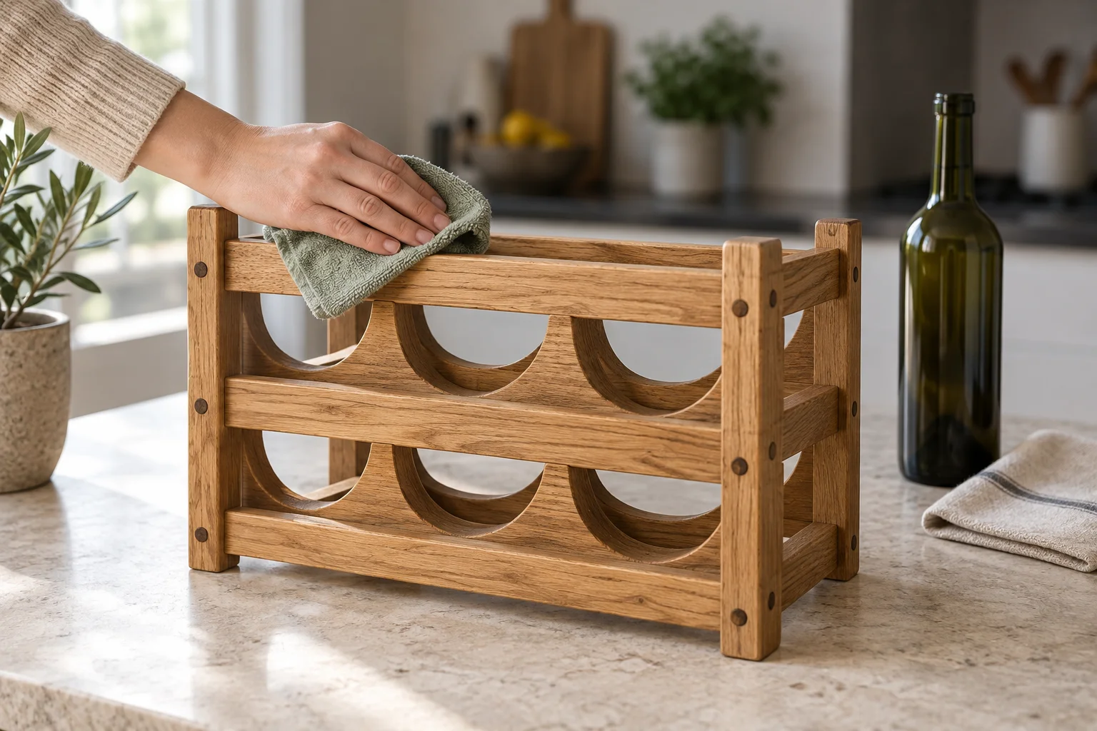 Main passant un chiffon doux sur un porte-bouteille en bois vide